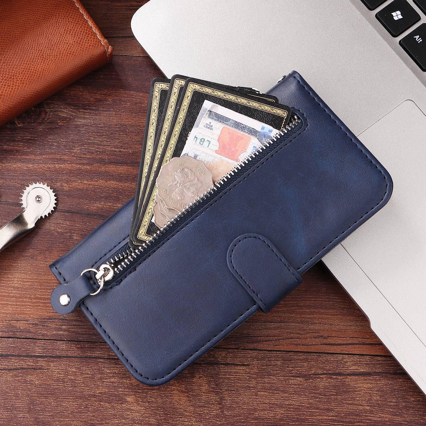 For iPhone 17 PU Leather Cases with Zipper Pocket Wallet Phone Cover Stand - Blue