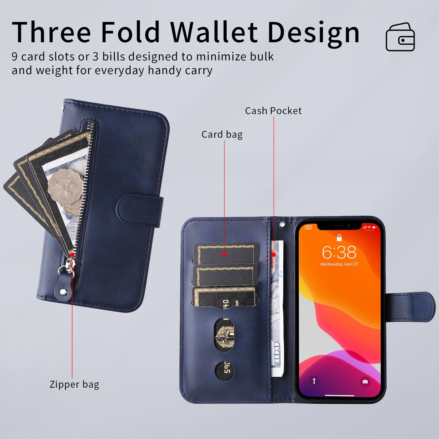 For iPhone 17 PU Leather Cases with Zipper Pocket Wallet Phone Cover Stand - Blue