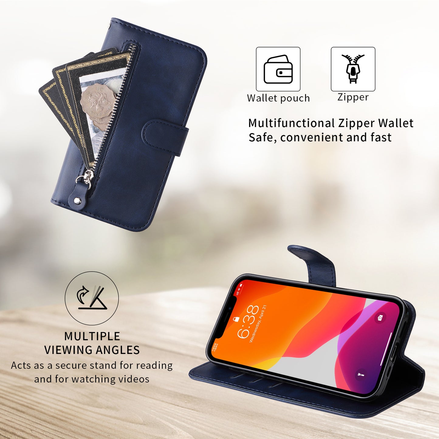 For iPhone 17 PU Leather Cases with Zipper Pocket Wallet Phone Cover Stand - Blue