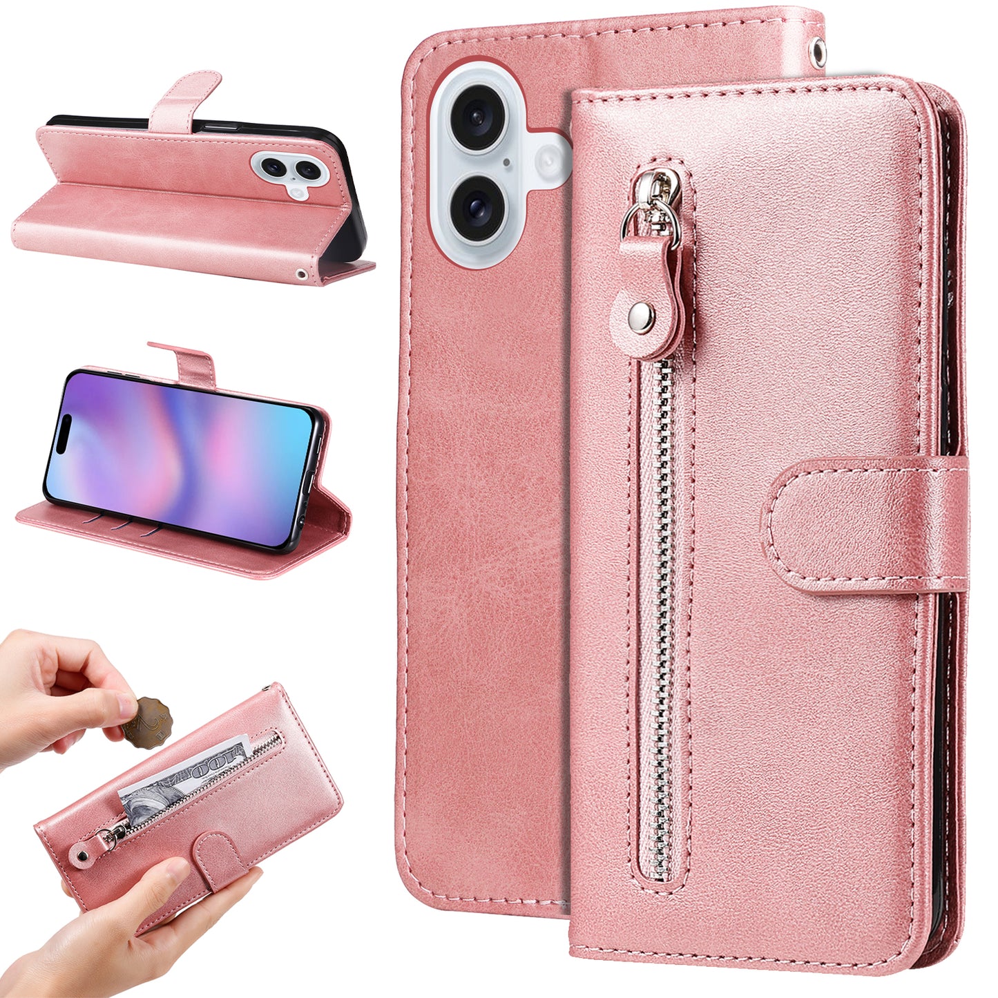 For iPhone 17 PU Leather Cases with Zipper Pocket Wallet Phone Cover Stand - Pink