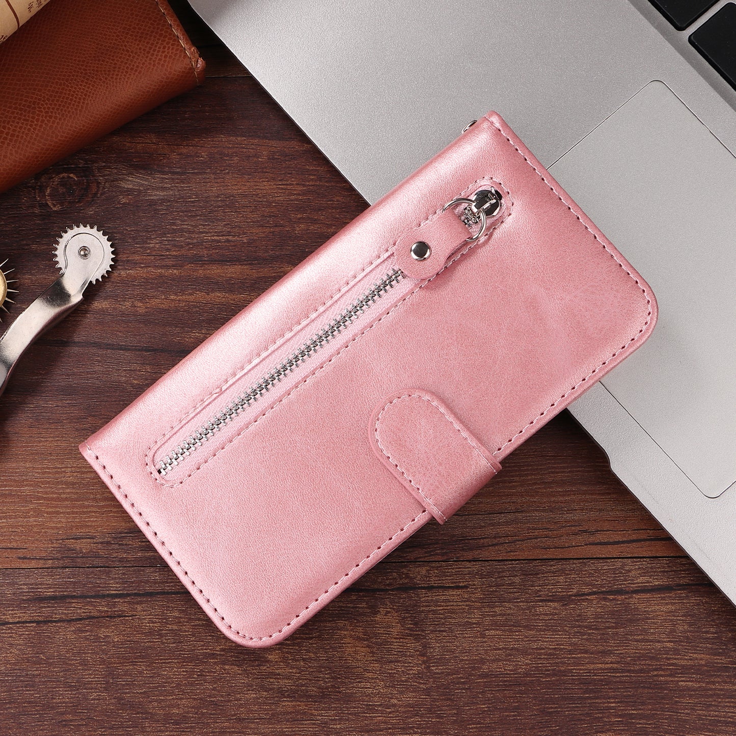 For iPhone 17 PU Leather Cases with Zipper Pocket Wallet Phone Cover Stand - Pink