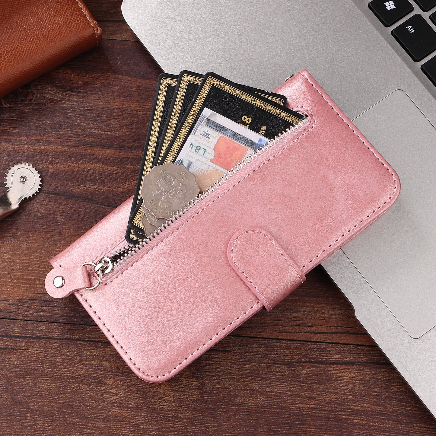 For iPhone 17 PU Leather Cases with Zipper Pocket Wallet Phone Cover Stand - Pink