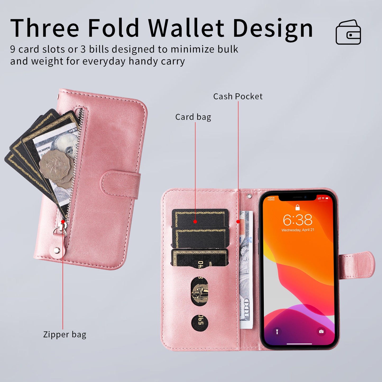 For iPhone 17 PU Leather Cases with Zipper Pocket Wallet Phone Cover Stand - Pink