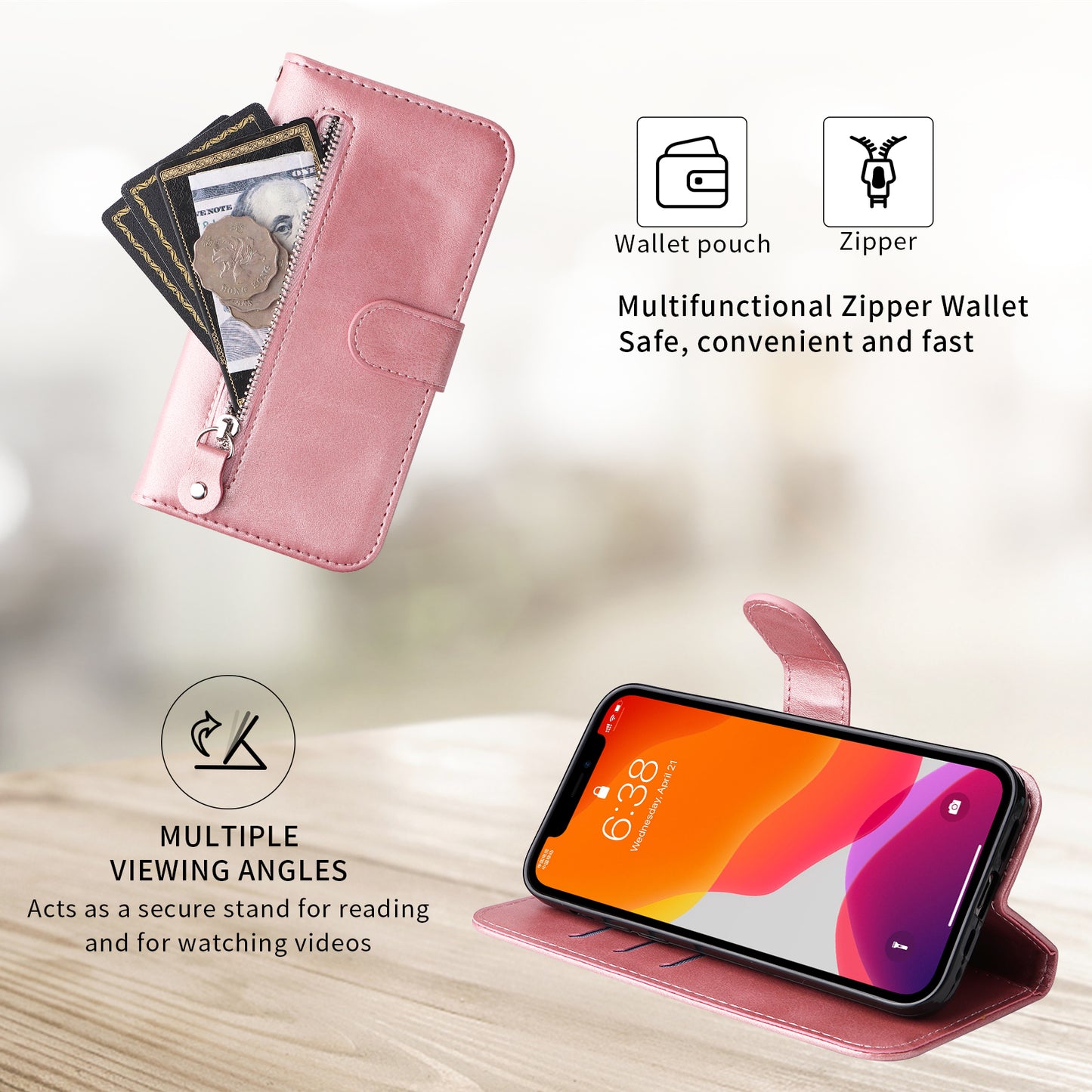For iPhone 17 PU Leather Cases with Zipper Pocket Wallet Phone Cover Stand - Pink