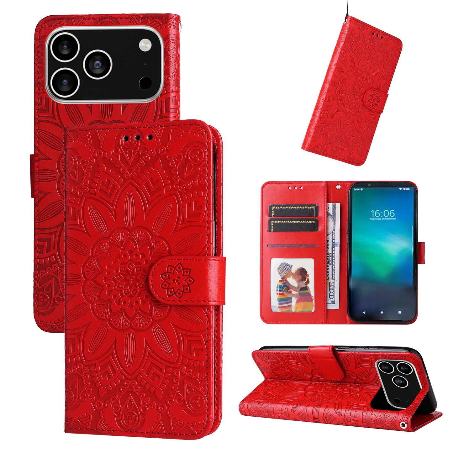 For iPhone 17 Pro Case Sunflower Imprint Leather Wallet Phone Cover - Red