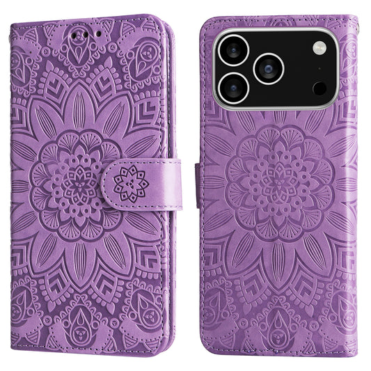 For iPhone 17 Pro Case Sunflower Imprint Leather Wallet Phone Cover - Purple
