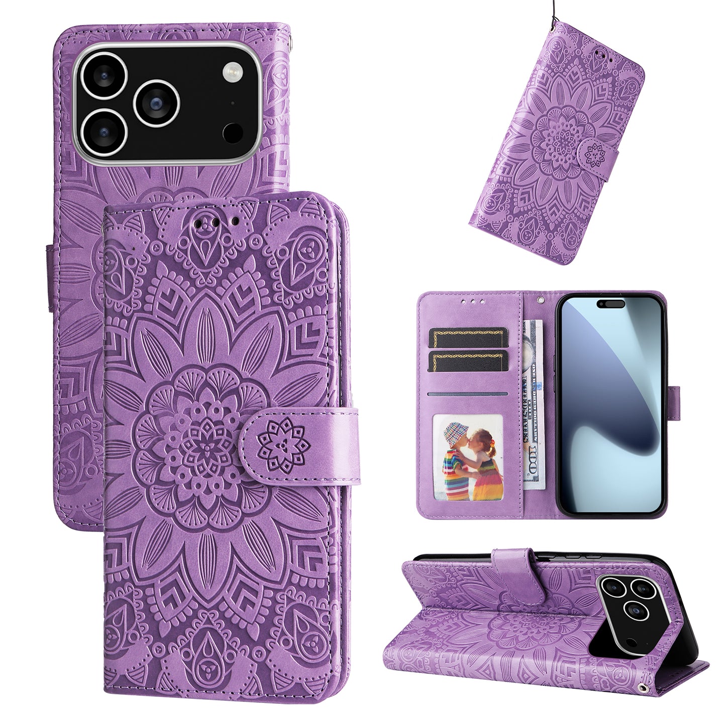 For iPhone 17 Pro Case Sunflower Imprint Leather Wallet Phone Cover - Purple