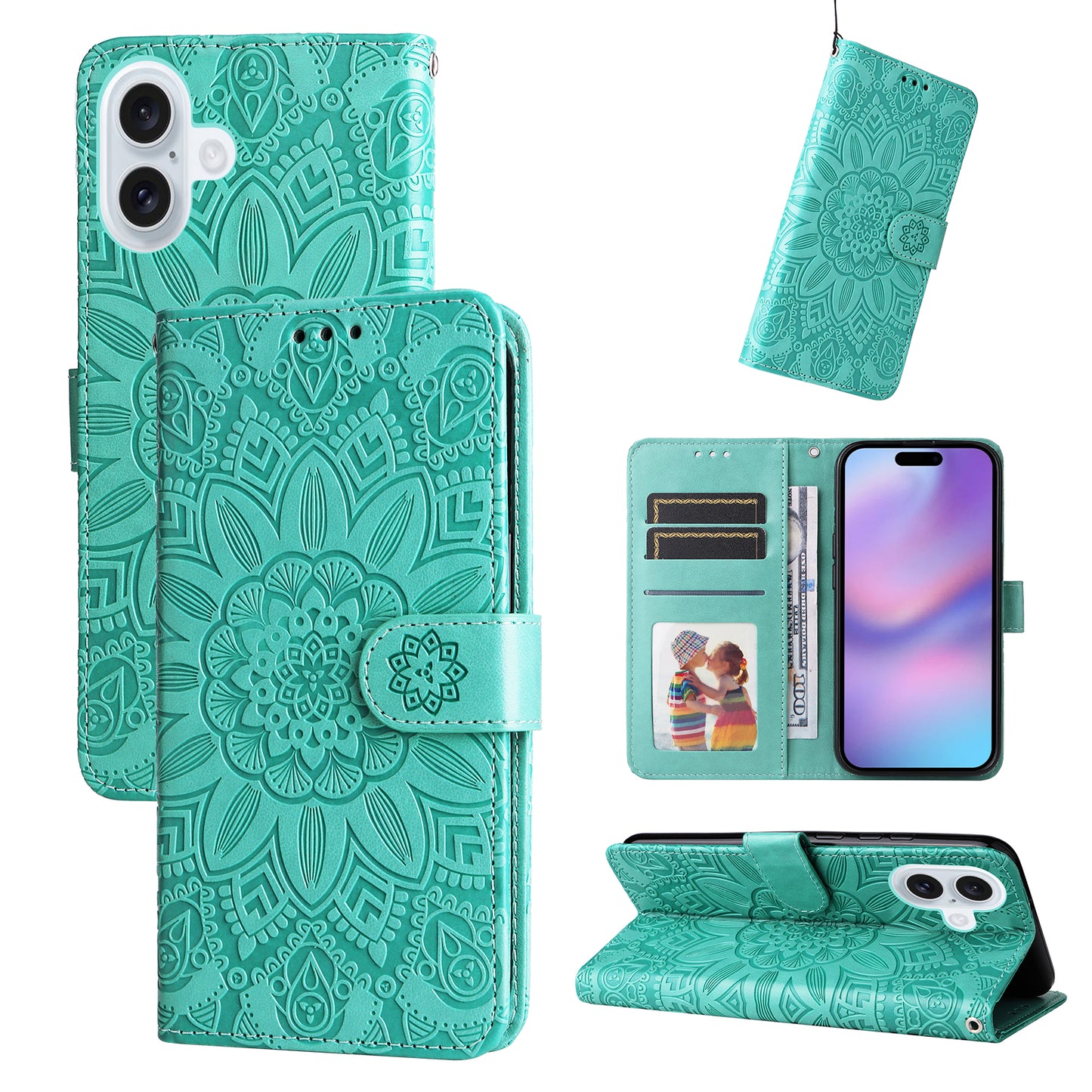 For iPhone 17 Case Sunflower Imprint Leather Wallet Phone Cover - Green