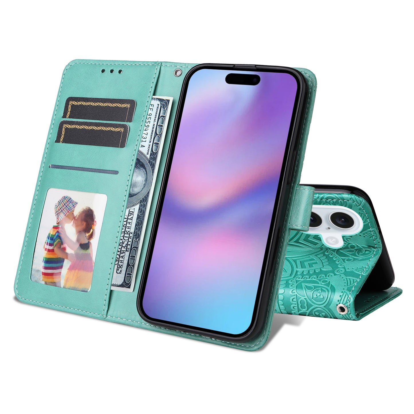 For iPhone 17 Case Sunflower Imprint Leather Wallet Phone Cover - Green