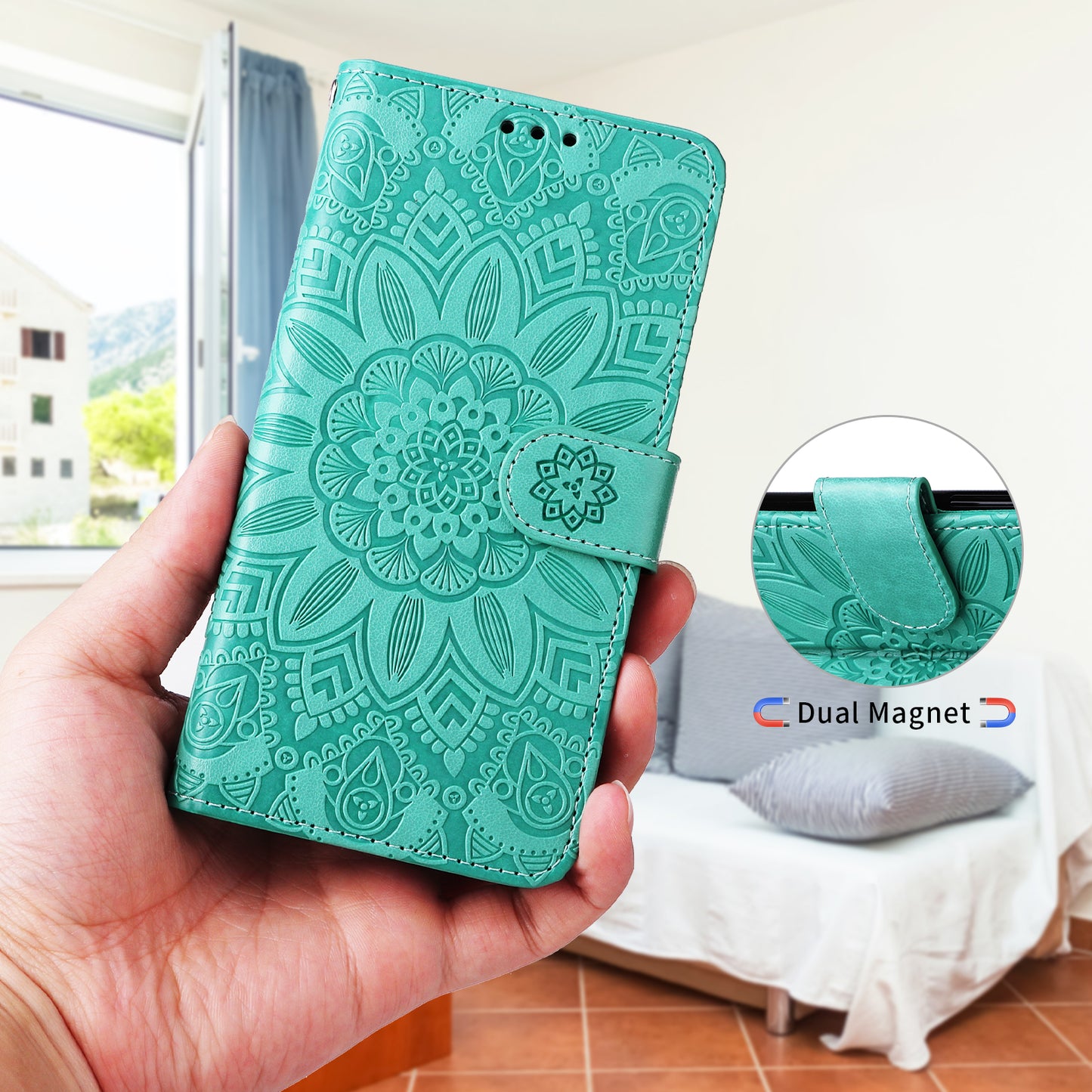 For iPhone 17 Case Sunflower Imprint Leather Wallet Phone Cover - Green