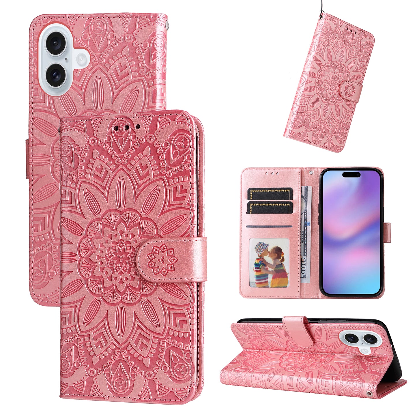 For iPhone 17 Case Sunflower Imprint Leather Wallet Phone Cover - Pink
