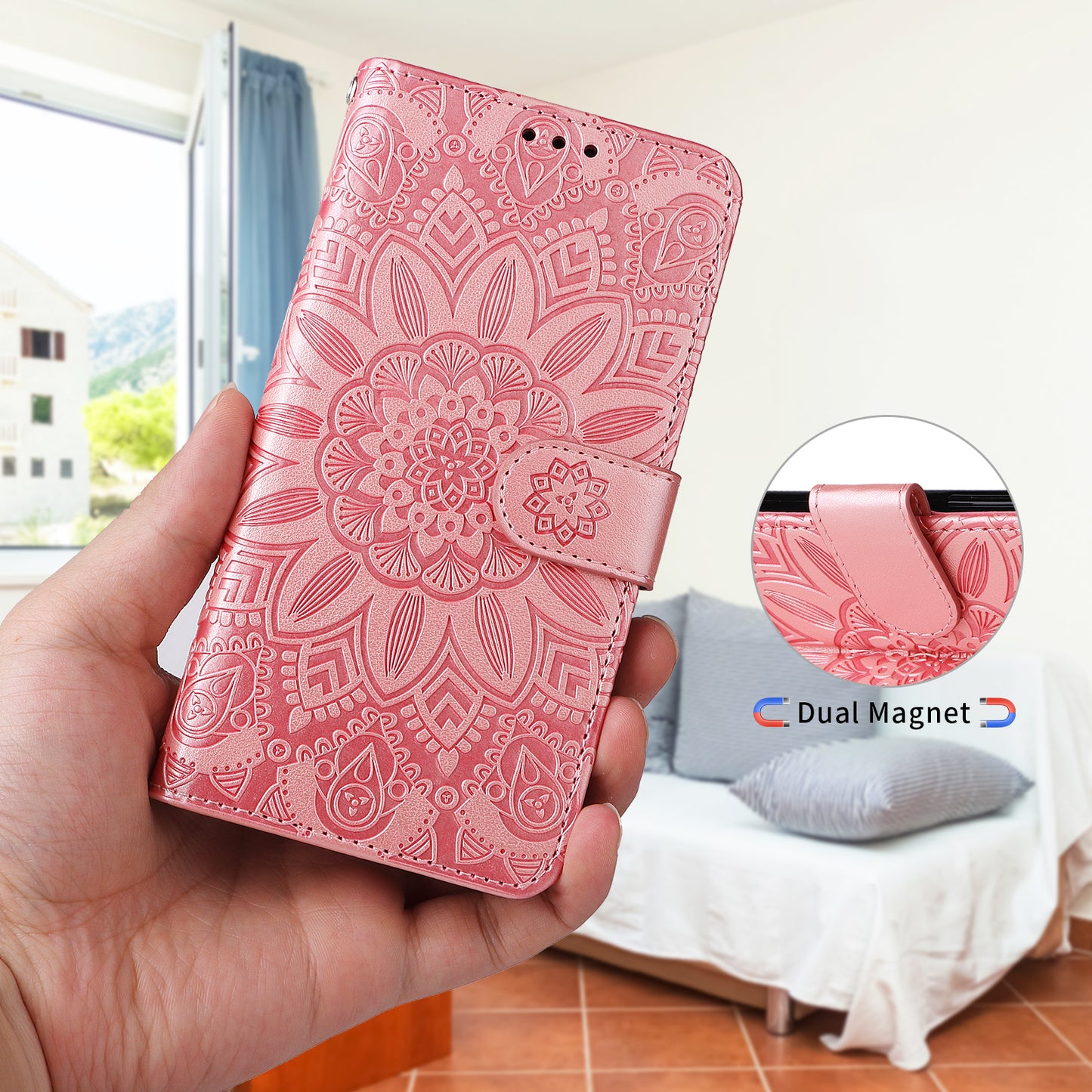 For iPhone 17 Case Sunflower Imprint Leather Wallet Phone Cover - Pink