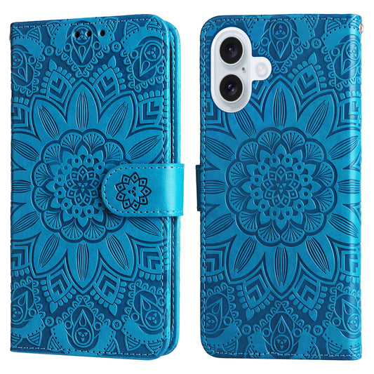 For iPhone 17 Case Sunflower Imprint Leather Wallet Phone Cover - Blue 