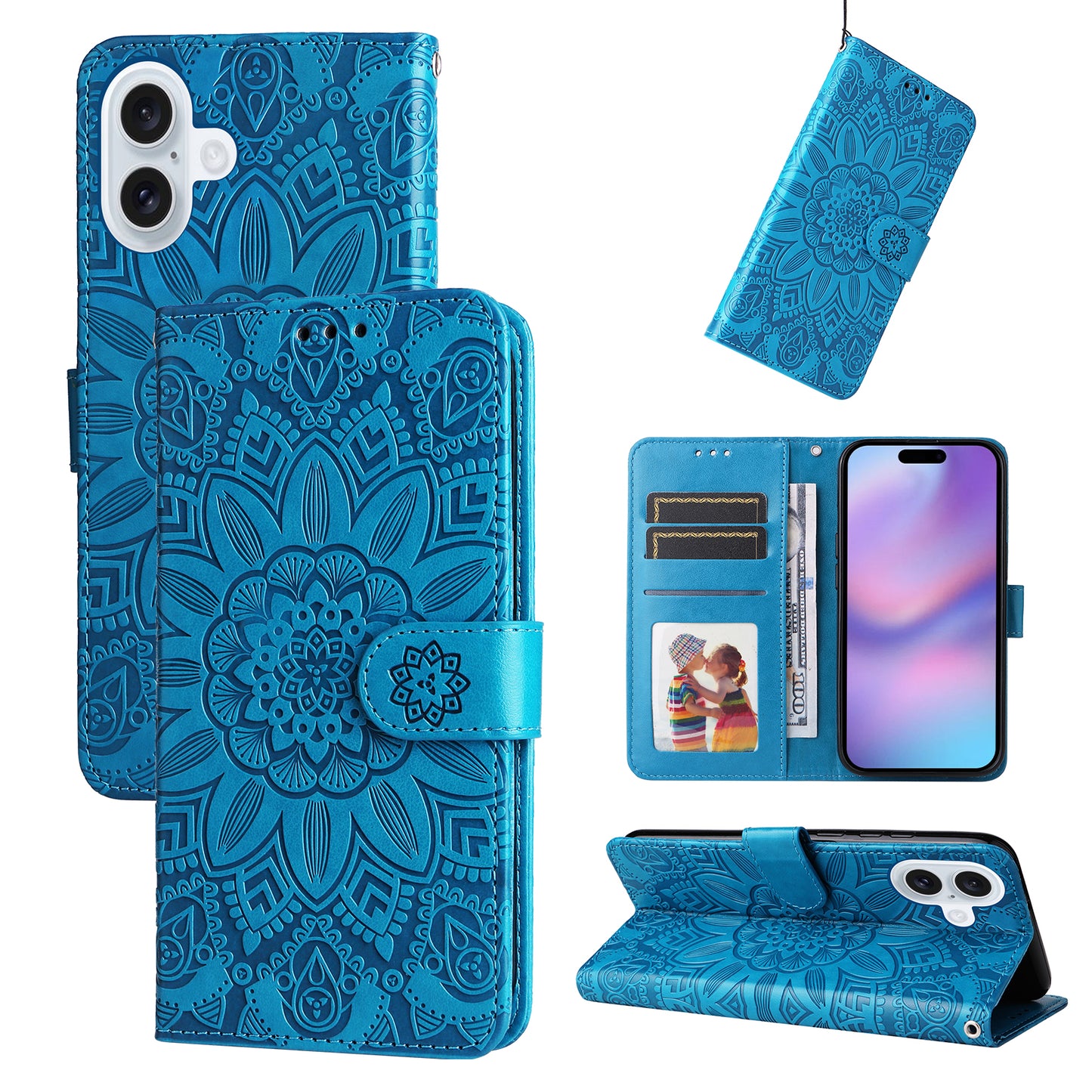 For iPhone 17 Case Sunflower Imprint Leather Wallet Phone Cover - Blue 