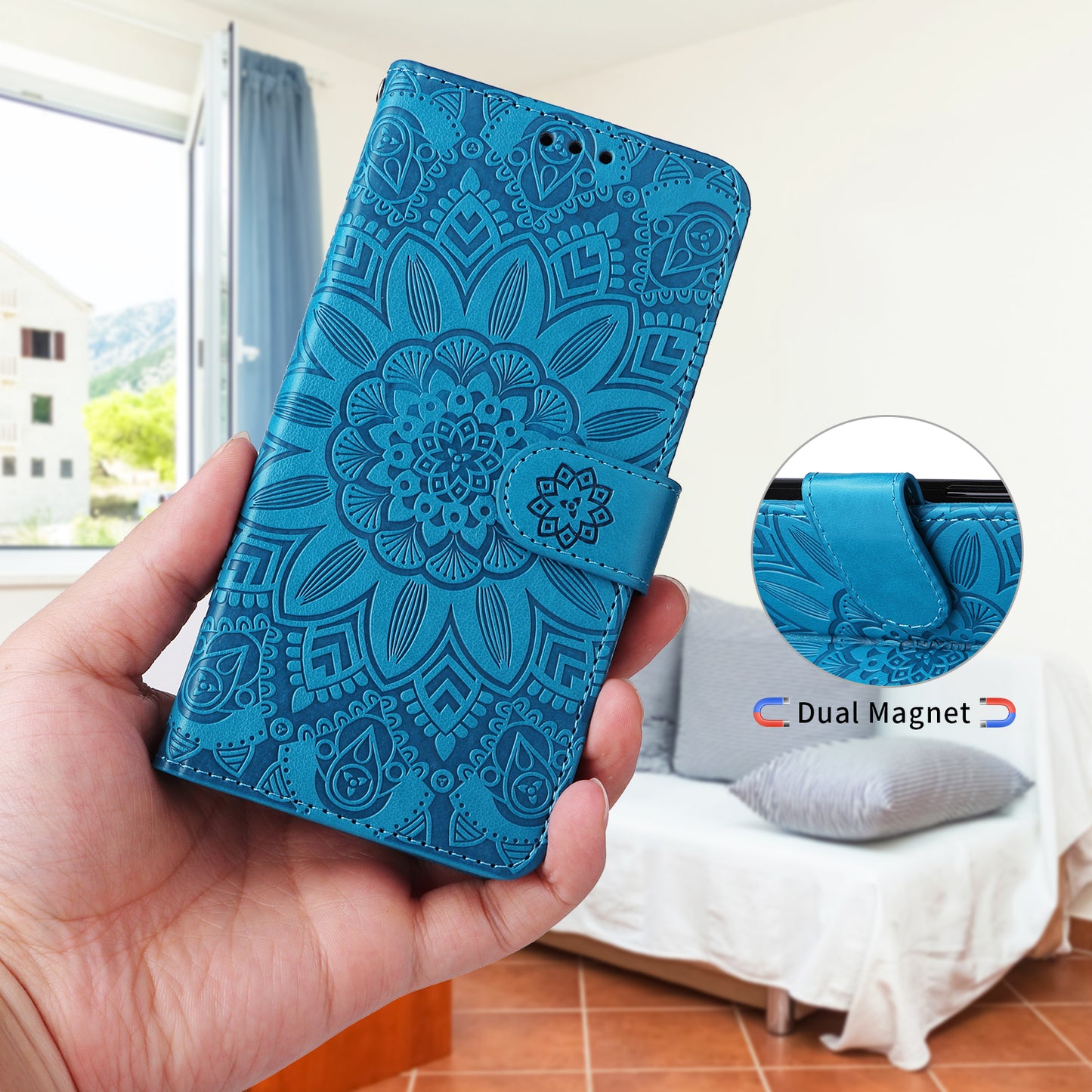 For iPhone 17 Case Sunflower Imprint Leather Wallet Phone Cover - Blue 