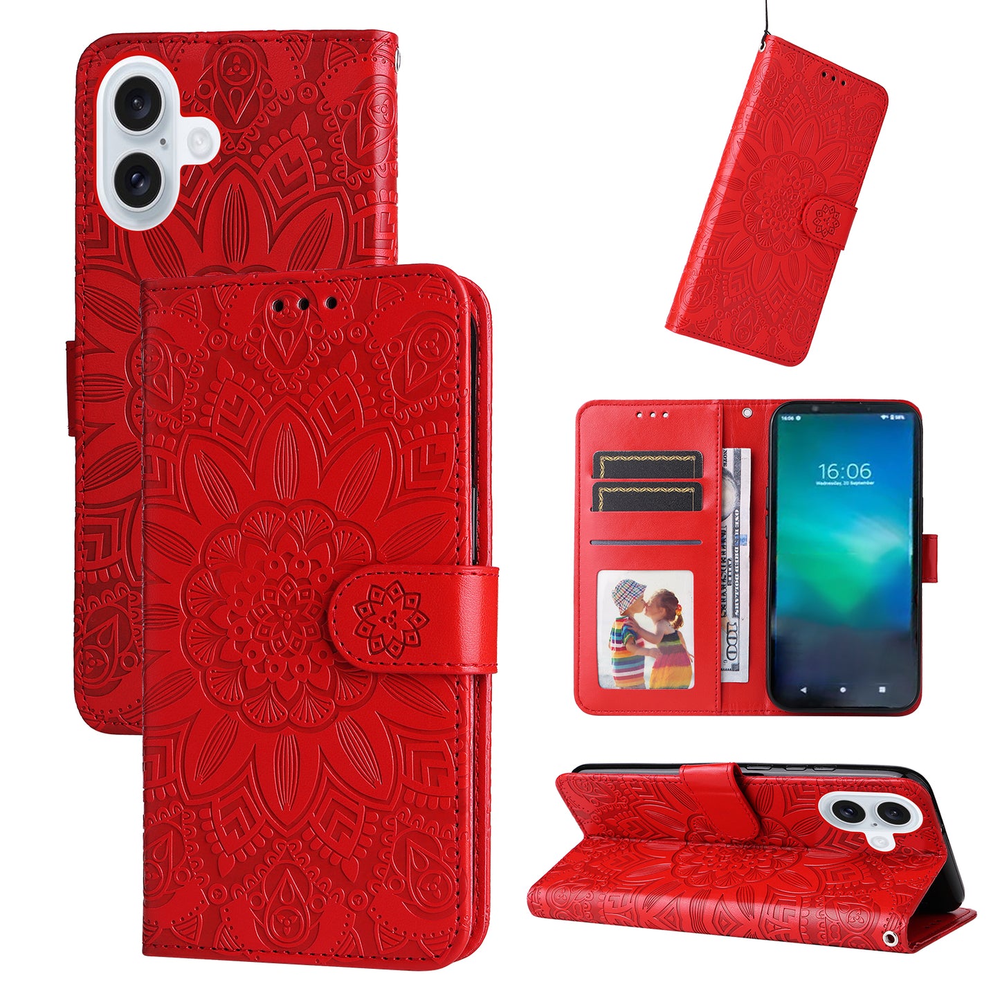 For iPhone 17 Case Sunflower Imprint Leather Wallet Phone Cover - Red