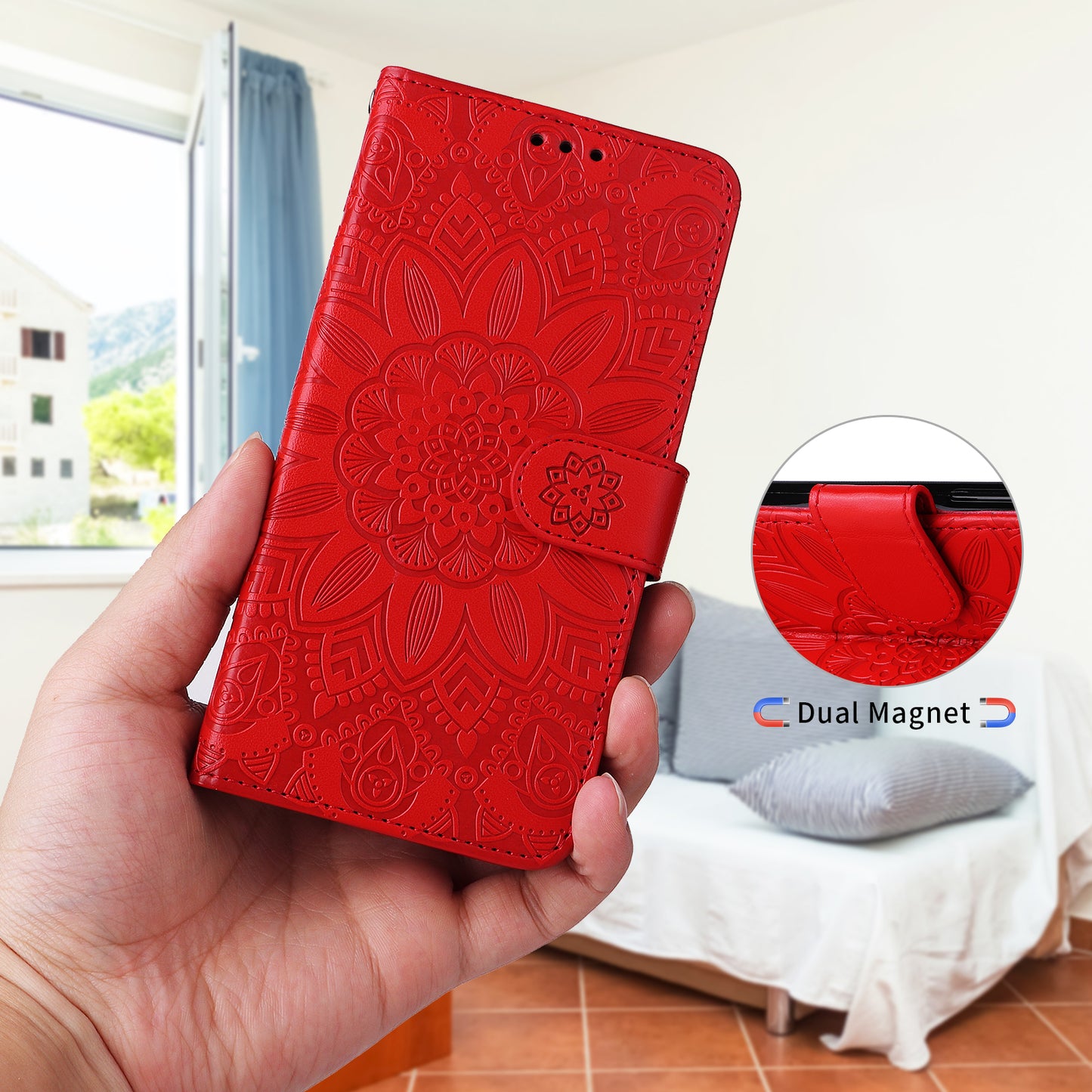 For iPhone 17 Case Sunflower Imprint Leather Wallet Phone Cover - Red