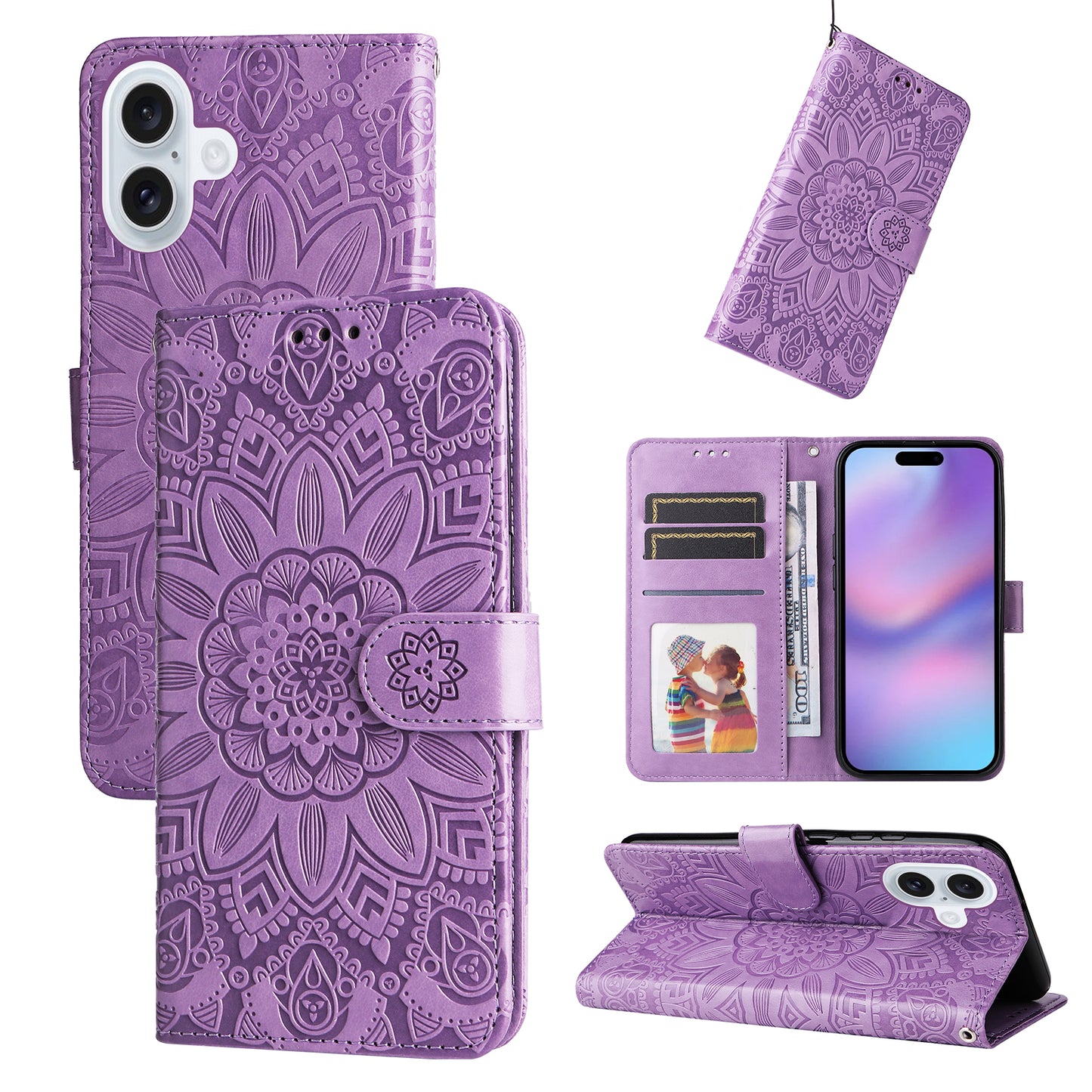For iPhone 17 Case Sunflower Imprint Leather Wallet Phone Cover - Purple