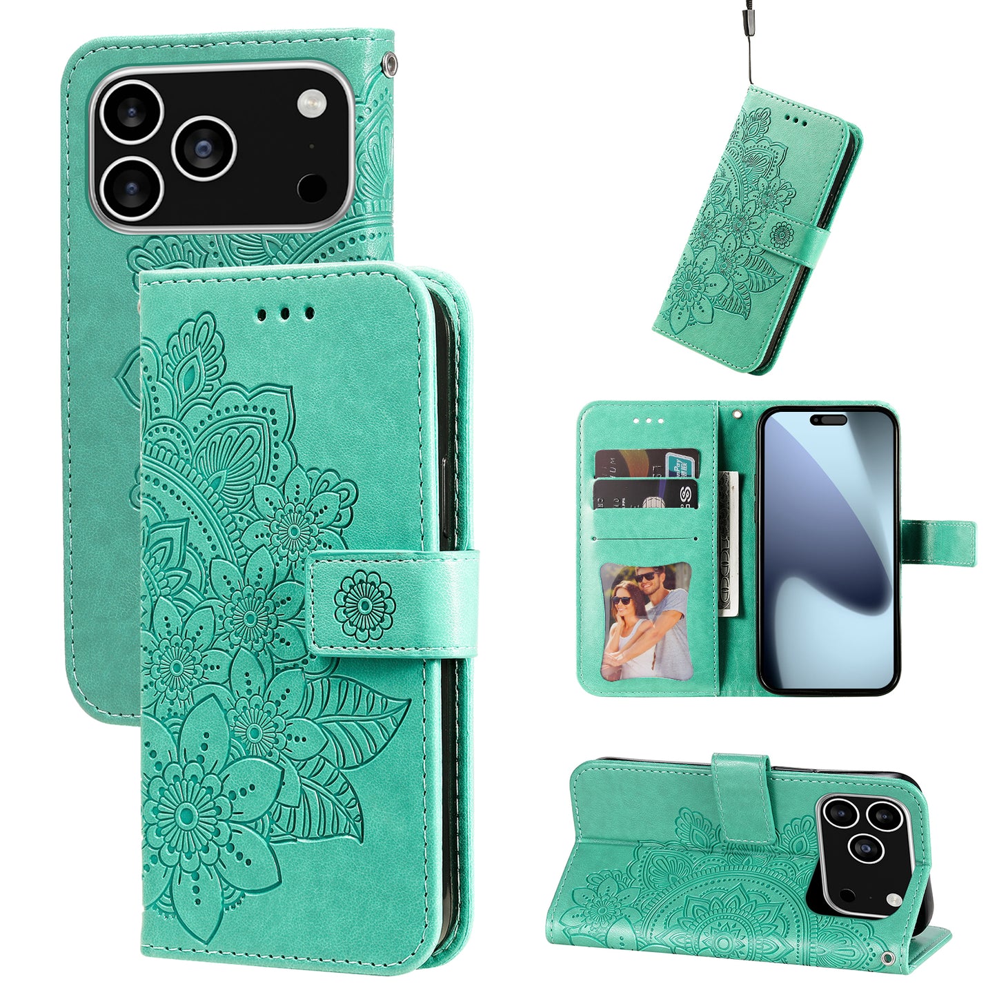 For iPhone 17 Pro Case Floral Pattern PU Leather Wallet Stand Phone Cover - Green