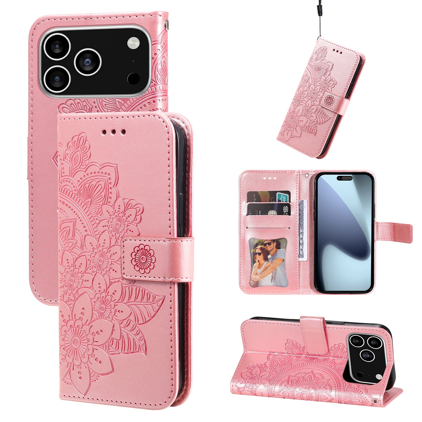 For iPhone 17 Pro Case Floral Pattern PU Leather Wallet Stand Phone Cover - Pink