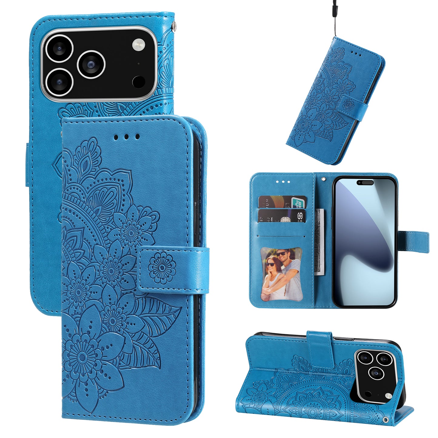 For iPhone 17 Pro Case Floral Pattern PU Leather Wallet Stand Phone Cover - Blue 