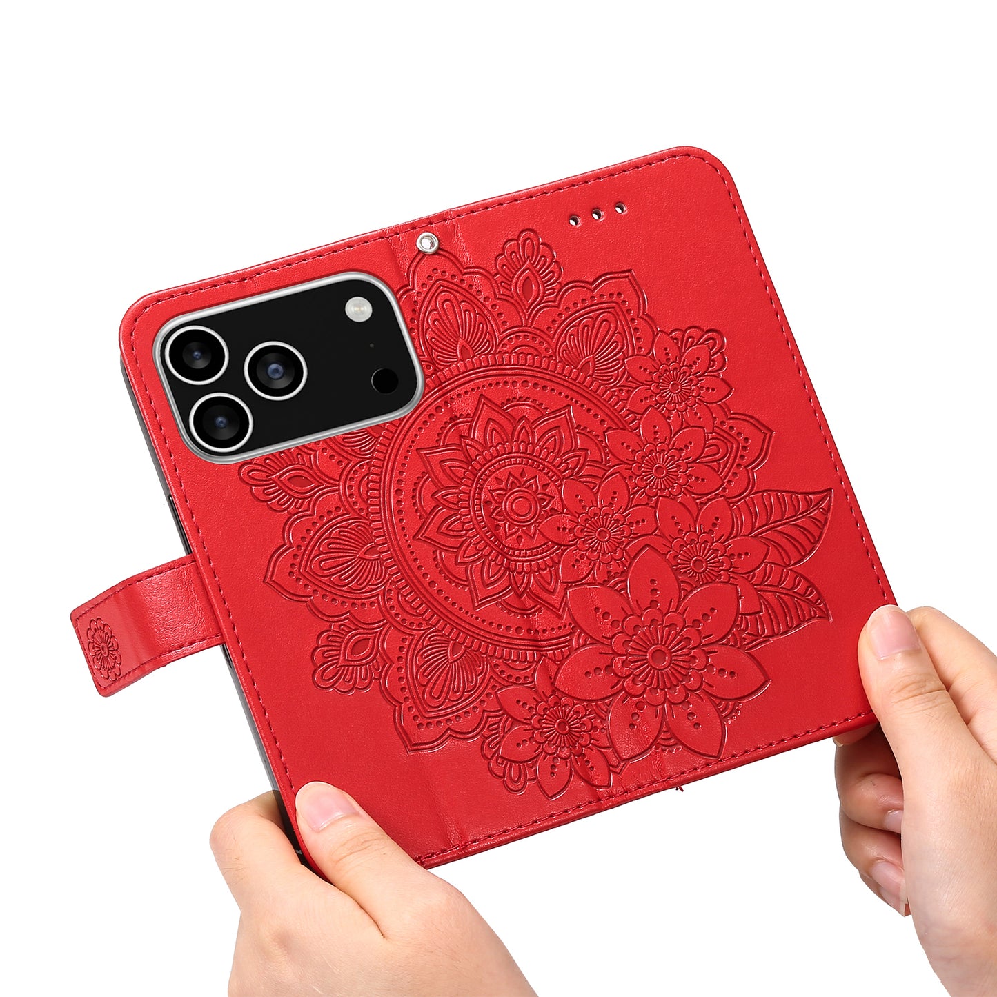 For iPhone 17 Pro Case Floral Pattern PU Leather Wallet Stand Phone Cover - Red