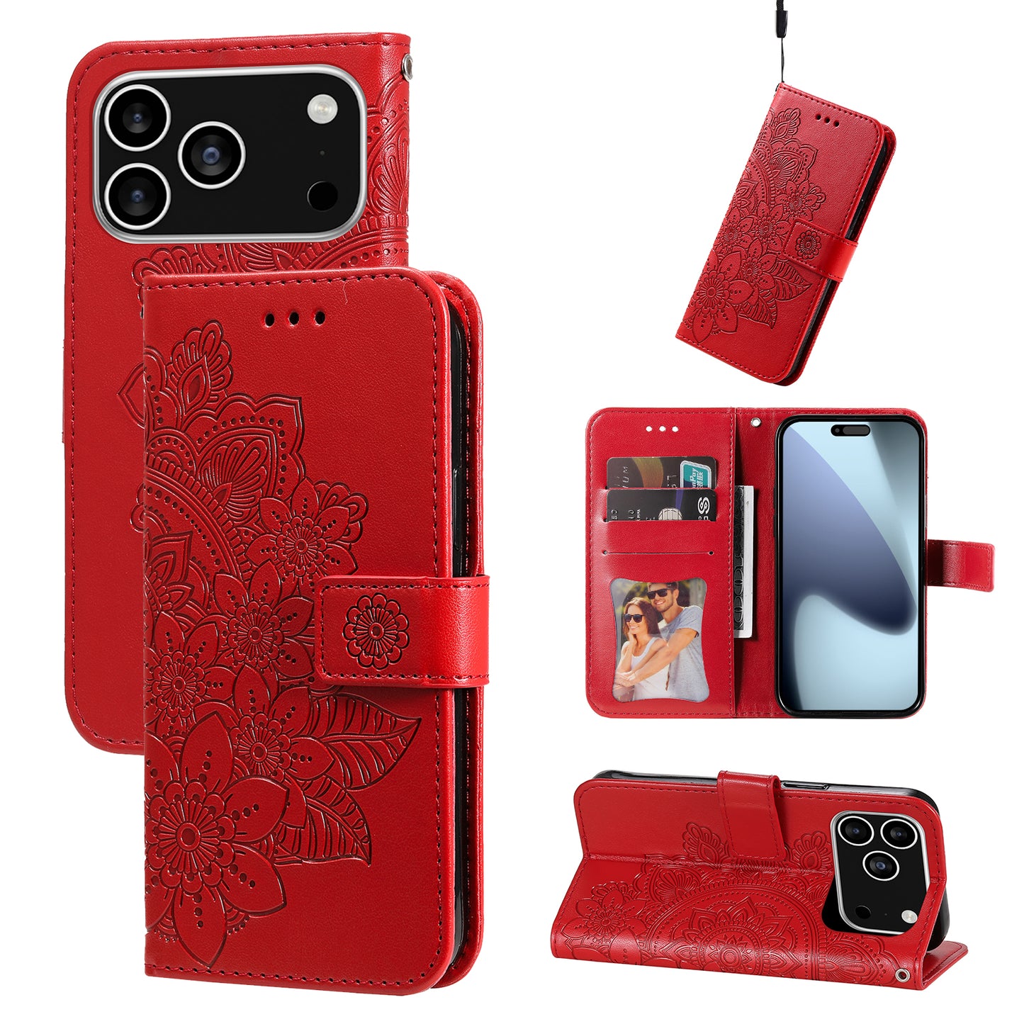 For iPhone 17 Pro Case Floral Pattern PU Leather Wallet Stand Phone Cover - Red
