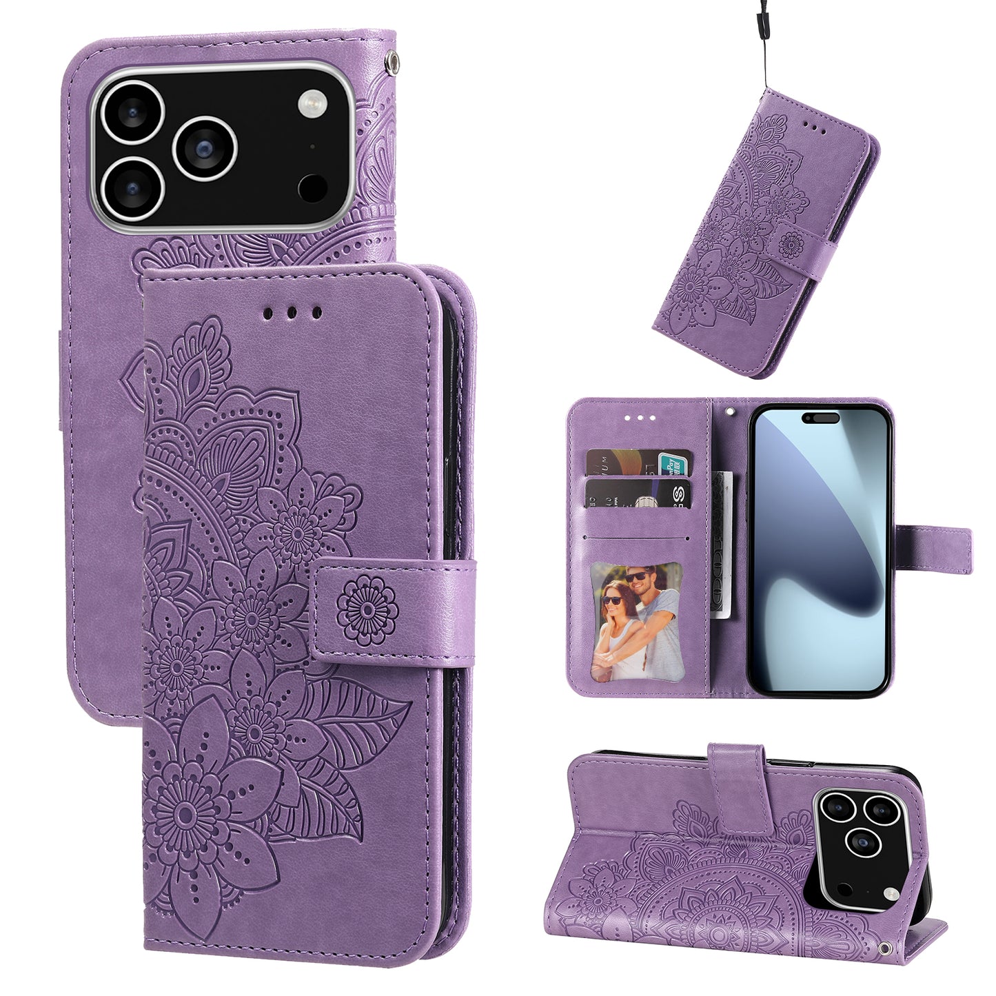 For iPhone 17 Pro Case Floral Pattern PU Leather Wallet Stand Phone Cover - Purple