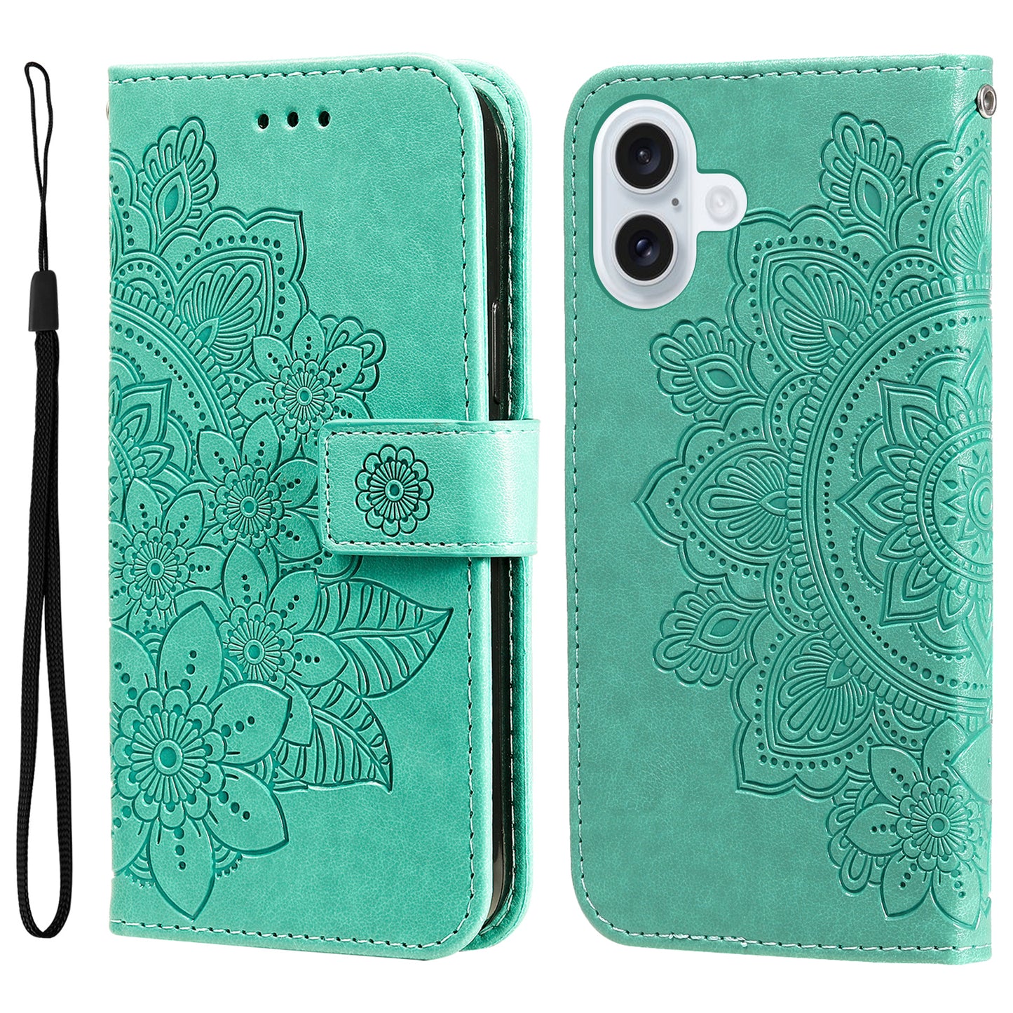 For iPhone 17 Case Floral Pattern PU Leather Wallet Stand Phone Cover - Green