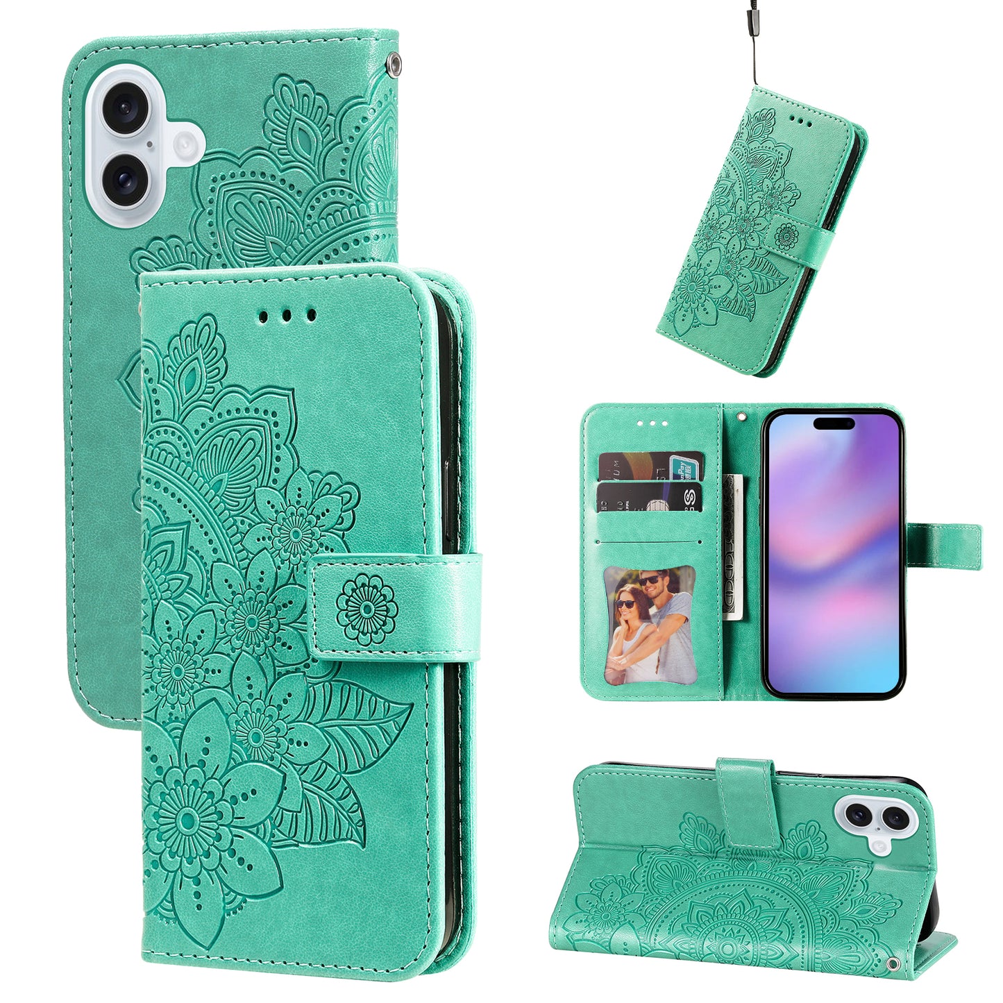 For iPhone 17 Case Floral Pattern PU Leather Wallet Stand Phone Cover - Green