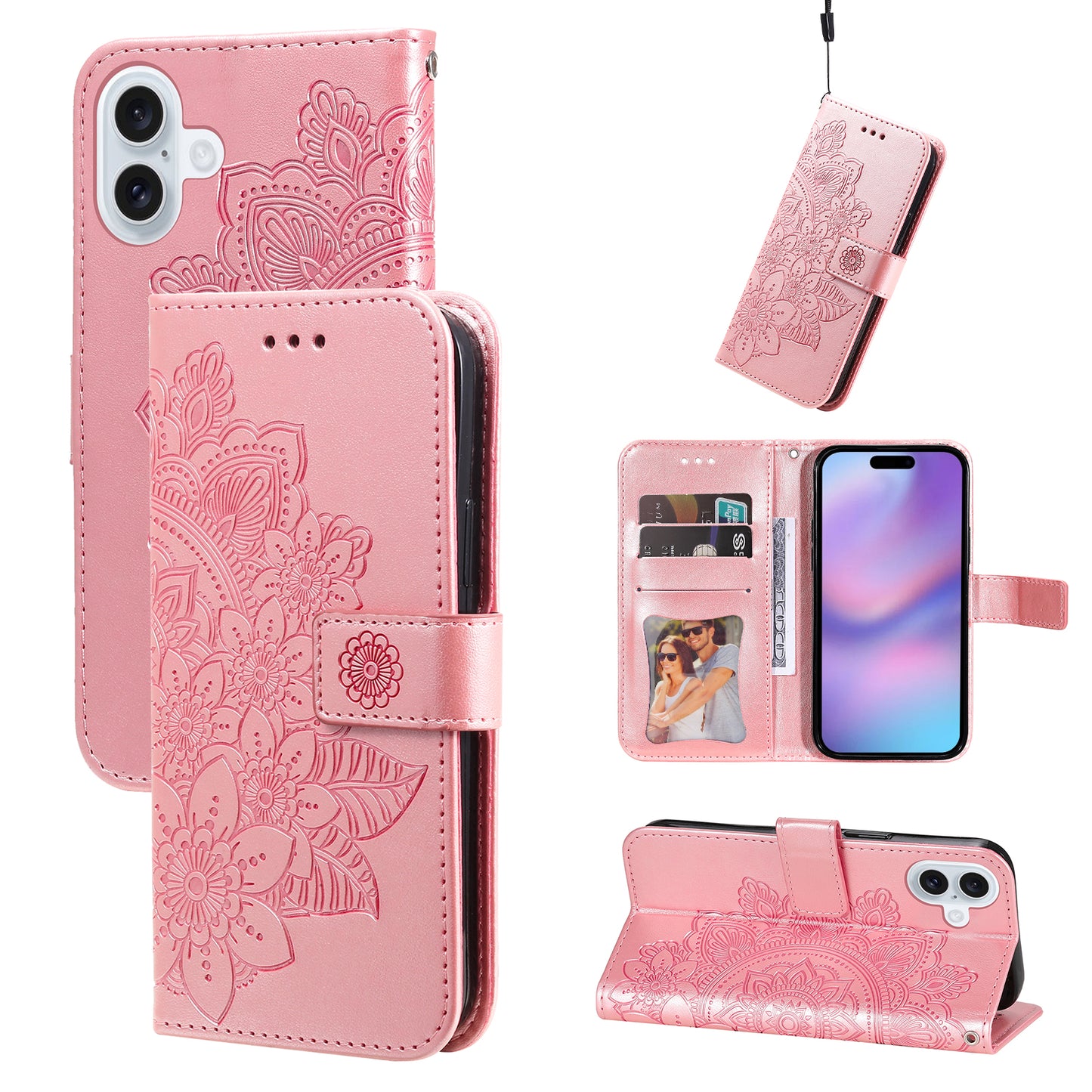 For iPhone 17 Case Floral Pattern PU Leather Wallet Stand Phone Cover - Pink