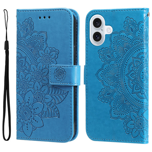 For iPhone 17 Case Floral Pattern PU Leather Wallet Stand Phone Cover - Blue 