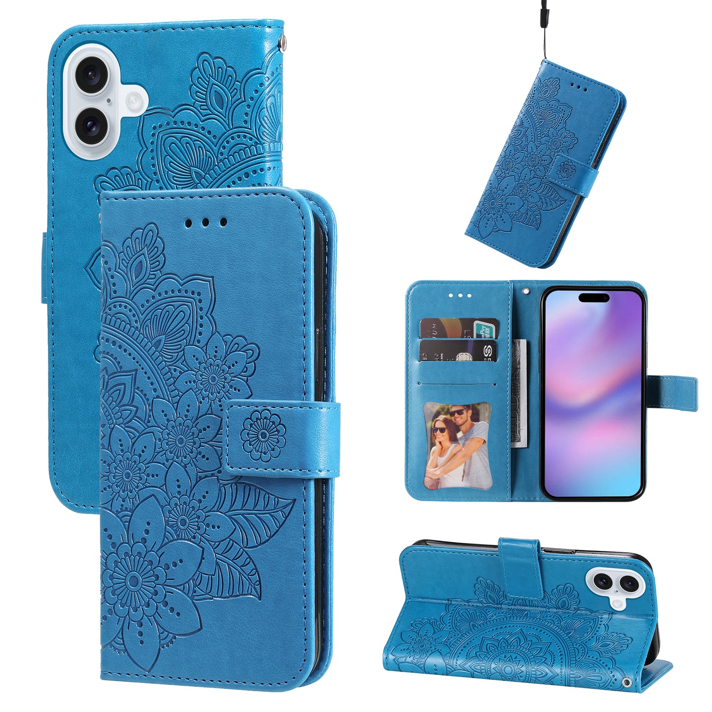 For iPhone 17 Case Floral Pattern PU Leather Wallet Stand Phone Cover - Blue 