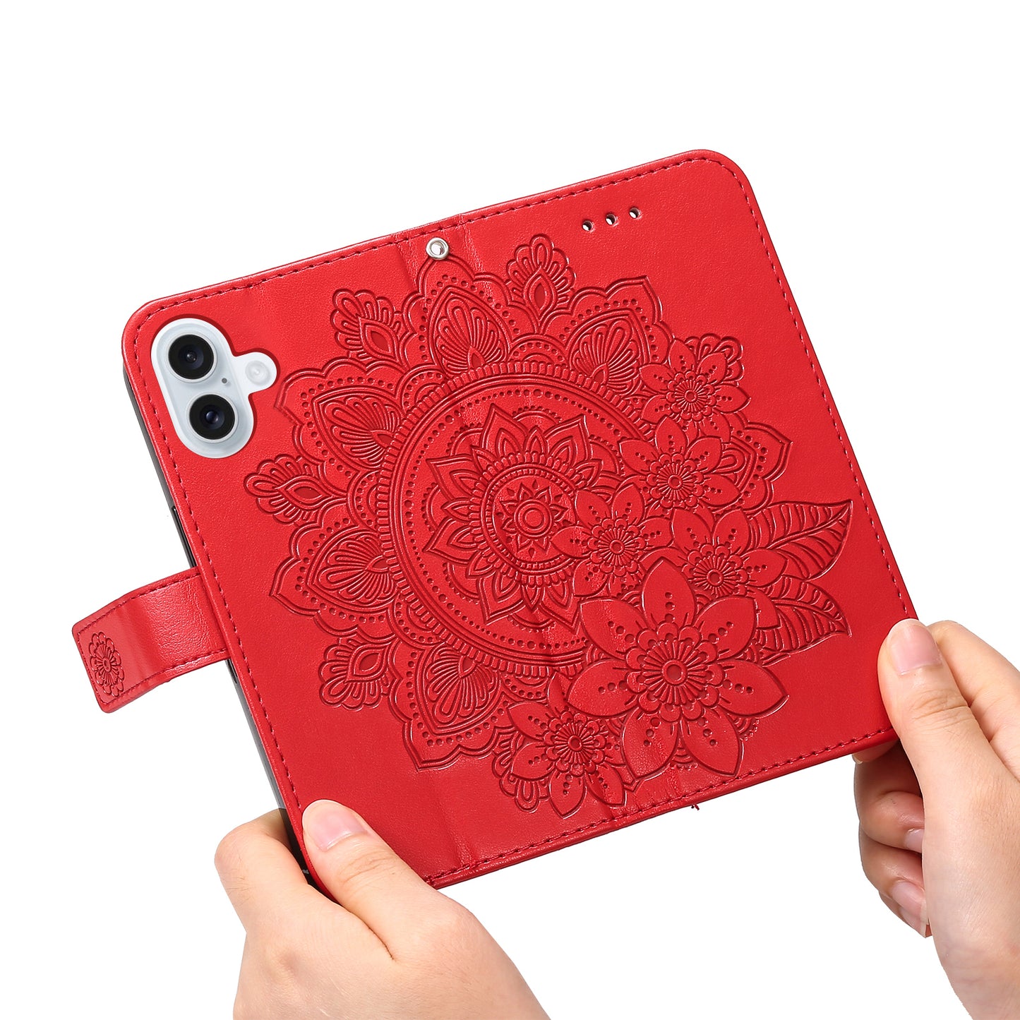 For iPhone 17 Case Floral Pattern PU Leather Wallet Stand Phone Cover - Red