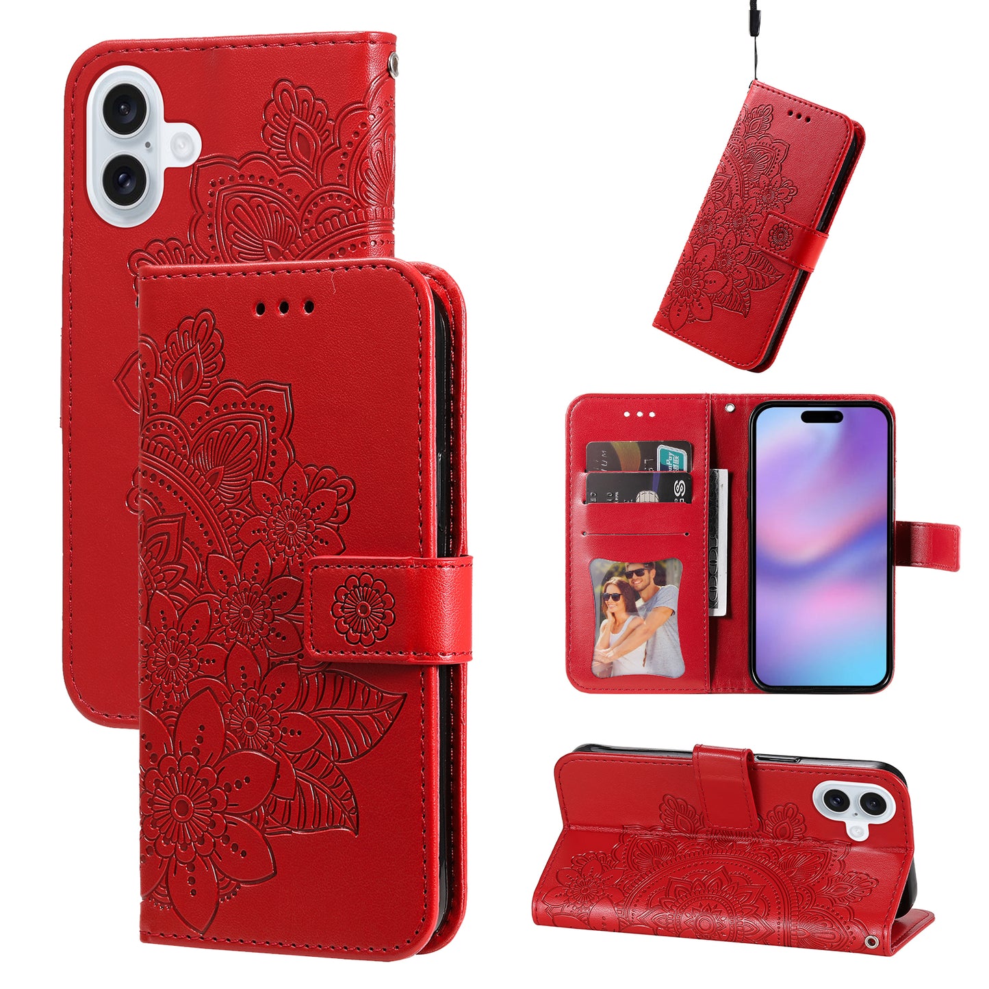 For iPhone 17 Case Floral Pattern PU Leather Wallet Stand Phone Cover - Red