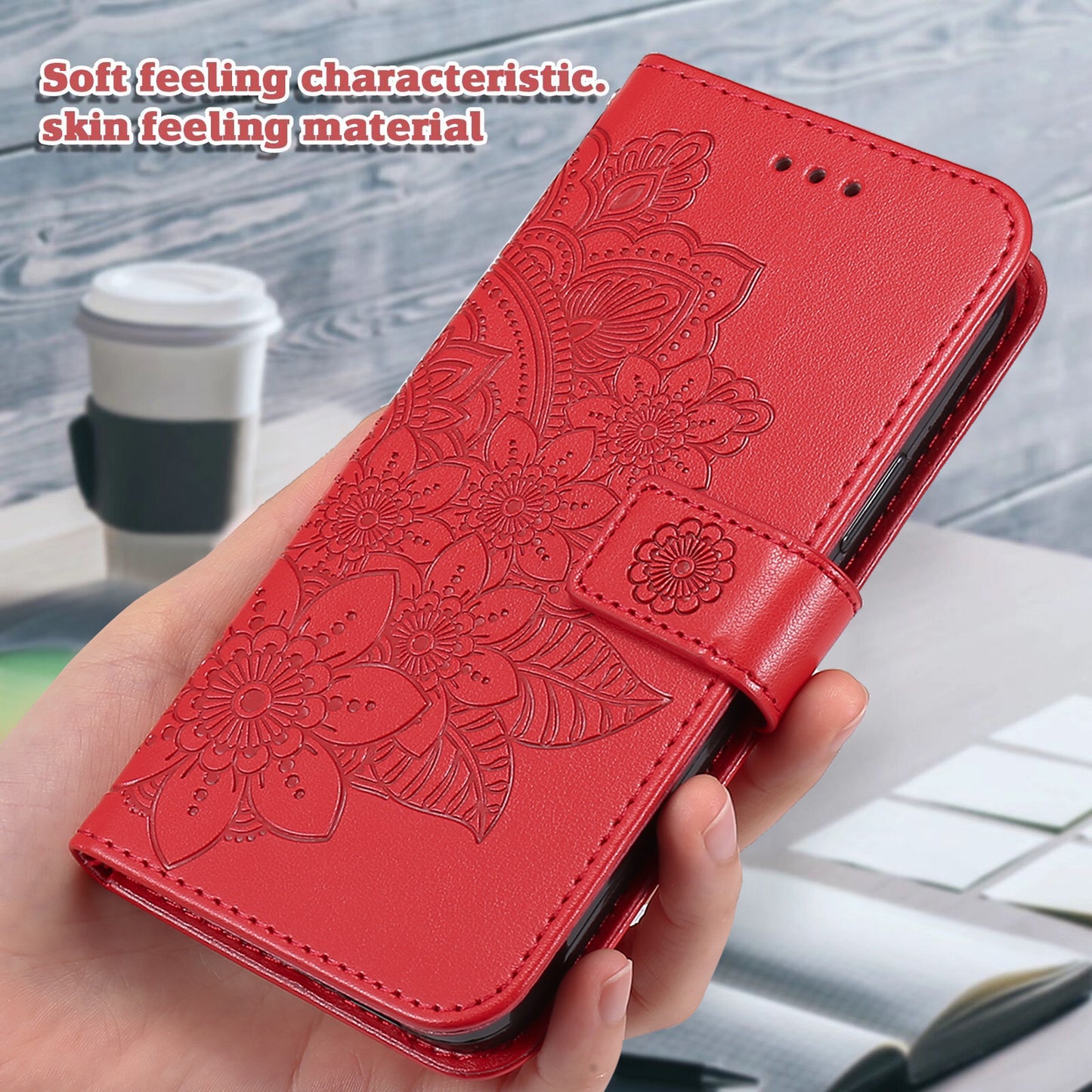 For iPhone 17 Case Floral Pattern PU Leather Wallet Stand Phone Cover - Red