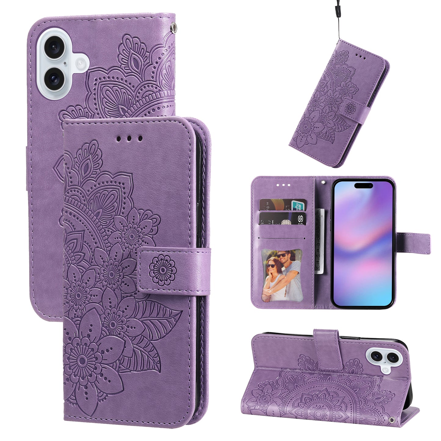 For iPhone 17 Case Floral Pattern PU Leather Wallet Stand Phone Cover - Purple