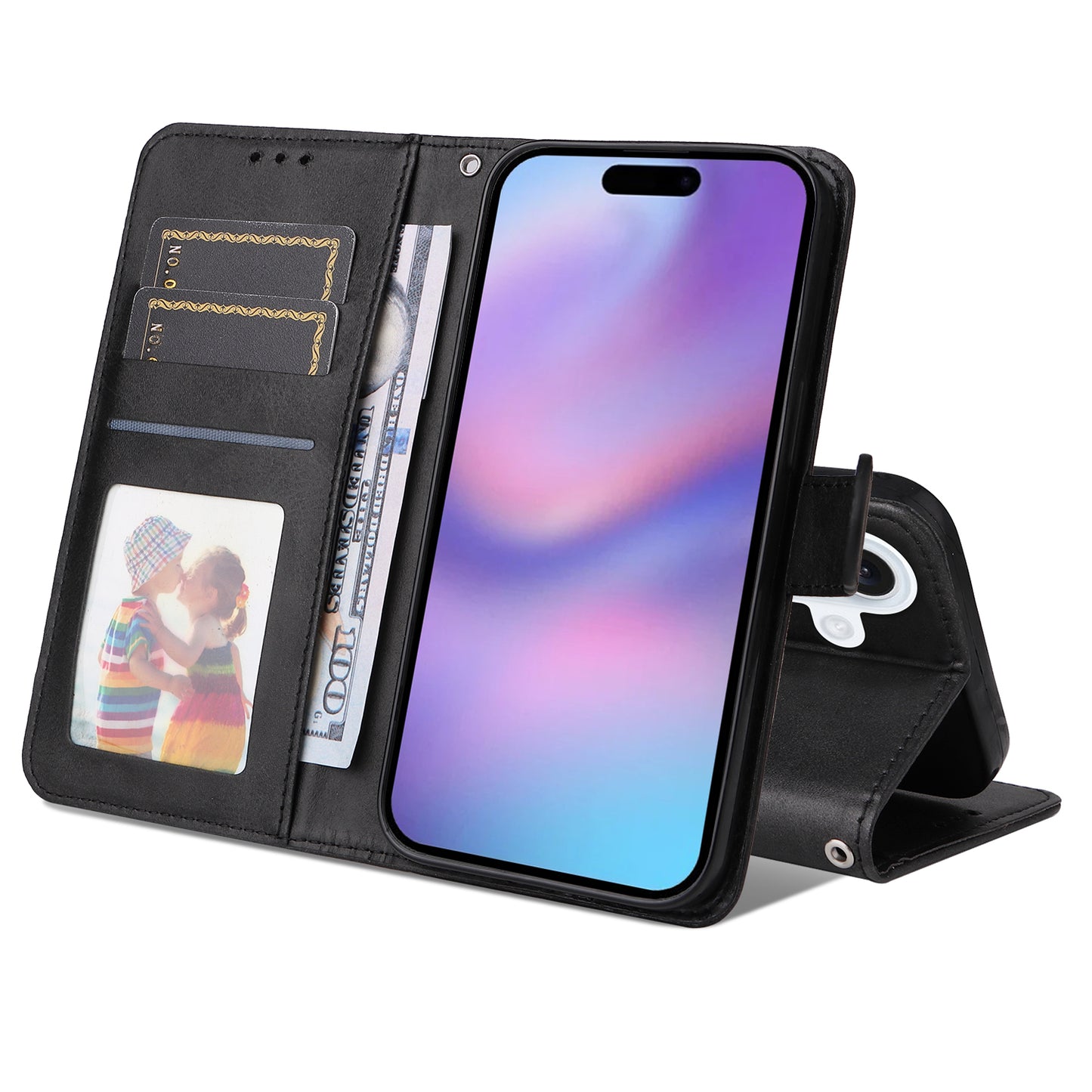 For iPhone 17 Case Wallet PU Leather Folio Flip Phone Cover - Black