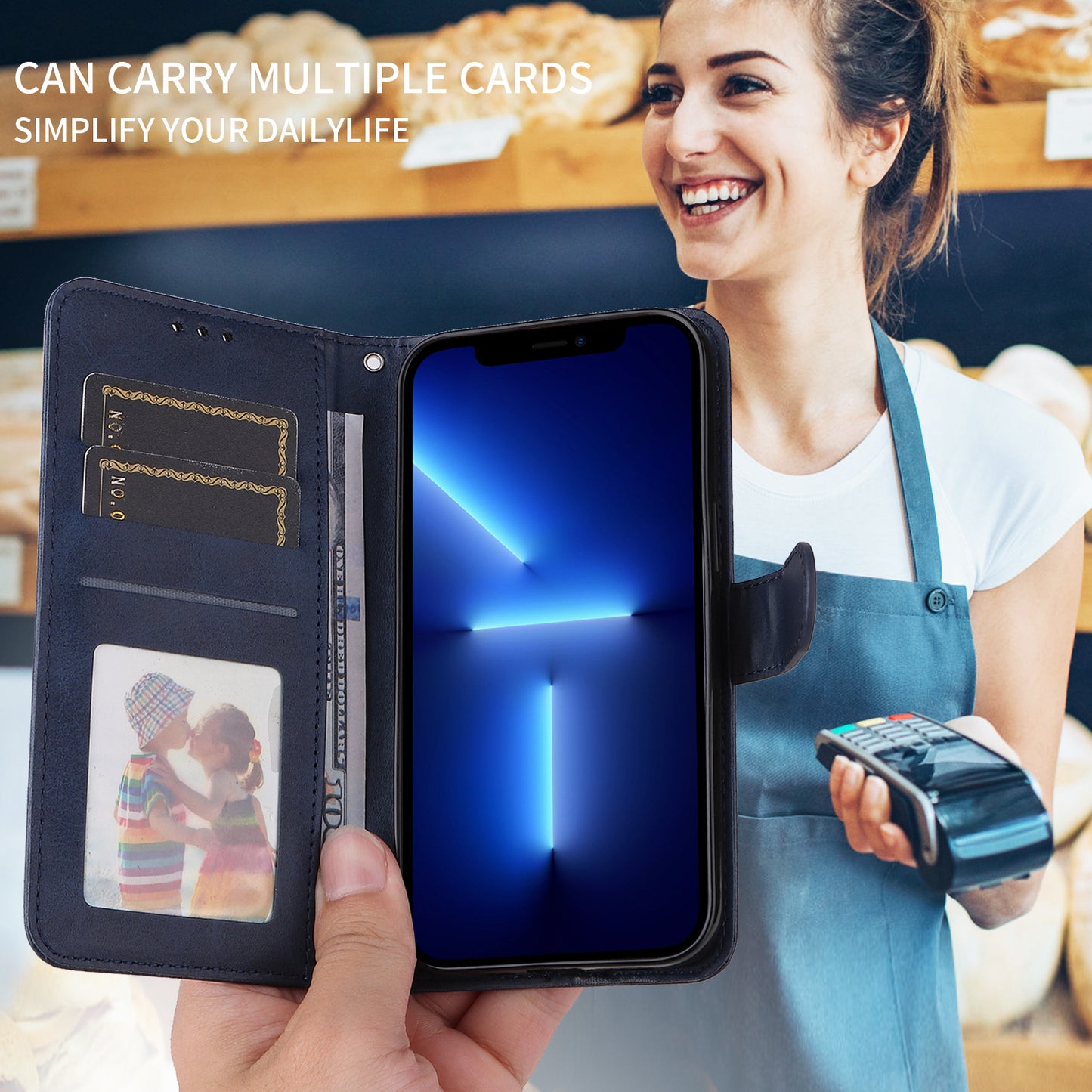 For iPhone 17 Case Wallet PU Leather Folio Flip Phone Cover - Blue