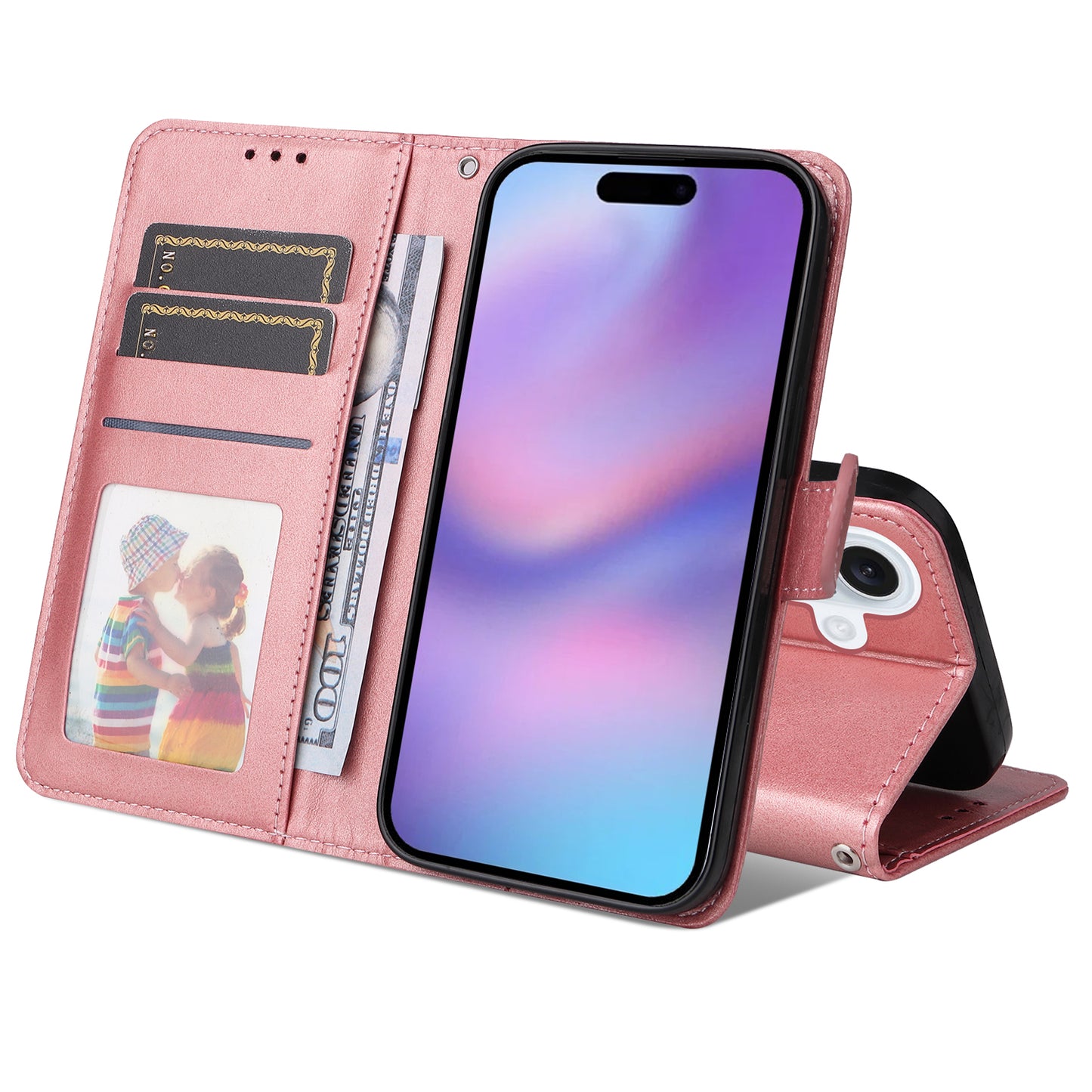 For iPhone 17 Case Wallet PU Leather Folio Flip Phone Cover - Pink