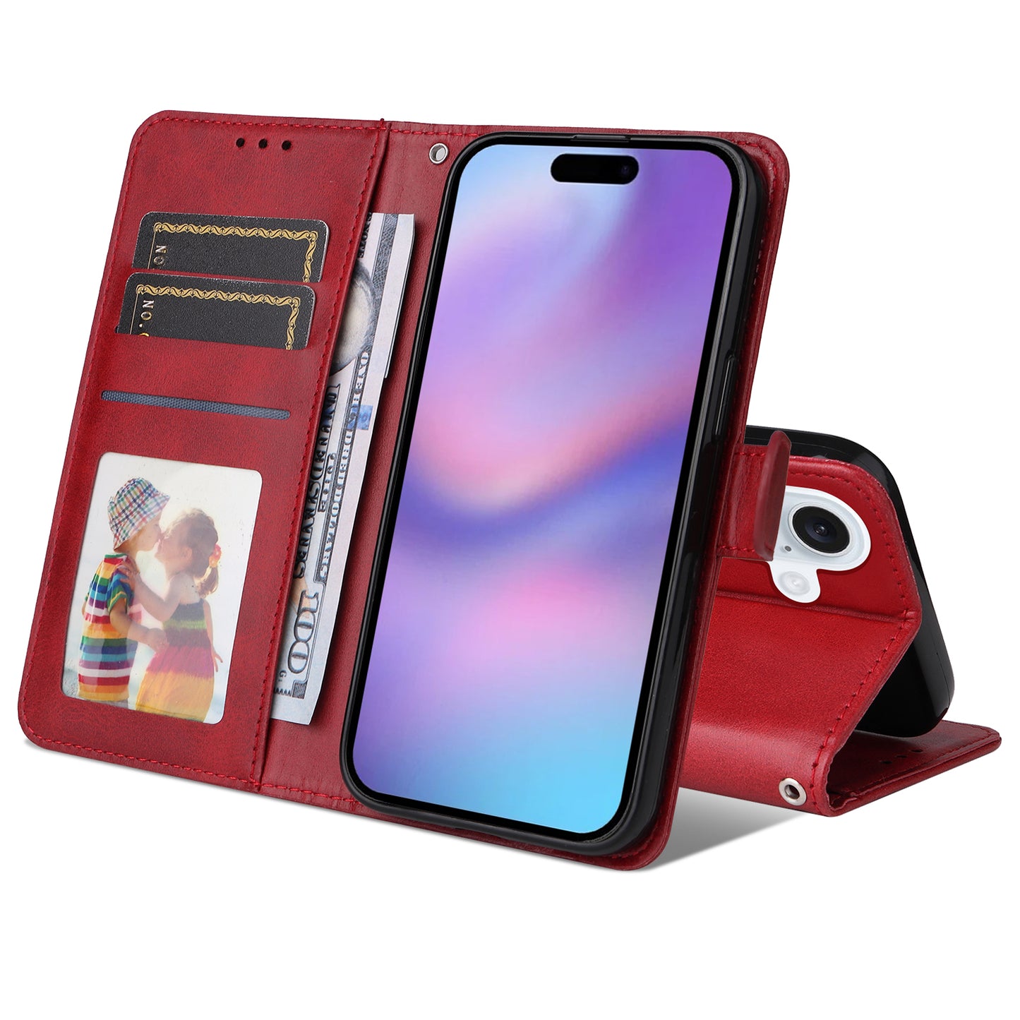 For iPhone 17 Case Wallet PU Leather Folio Flip Phone Cover - Red