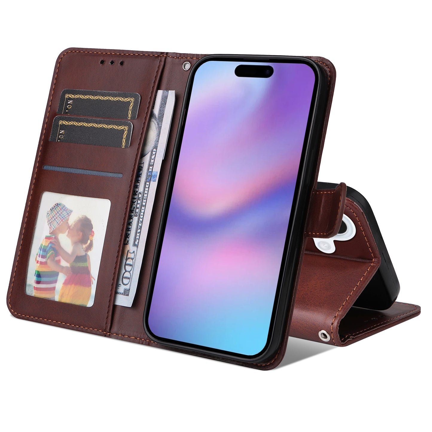 For iPhone 17 Case Wallet PU Leather Folio Flip Phone Cover - Brown