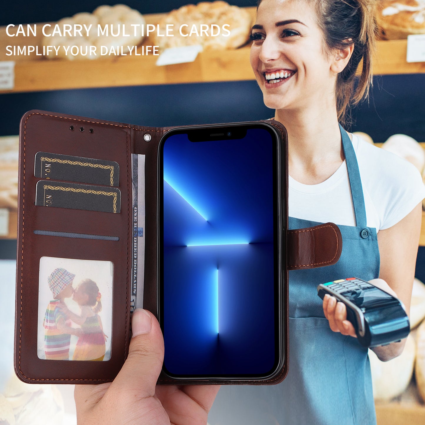 For iPhone 17 Case Wallet PU Leather Folio Flip Phone Cover - Brown