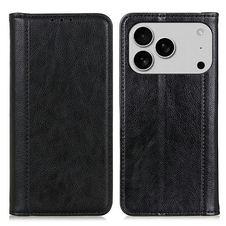 For iPhone 17 Pro Stand Case Split Leather Litchi Texture Wallet Phone Cover - Black