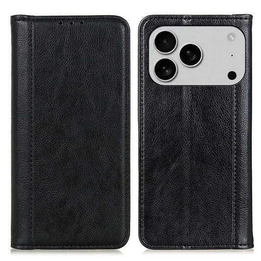For iPhone 17 Pro Stand Case Split Leather Litchi Texture Wallet Phone Cover - Black