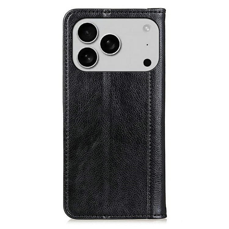 For iPhone 17 Pro Stand Case Split Leather Litchi Texture Wallet Phone Cover - Black