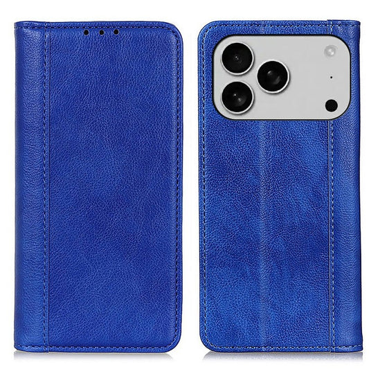For iPhone 17 Pro Stand Case Split Leather Litchi Texture Wallet Phone Cover - Blue