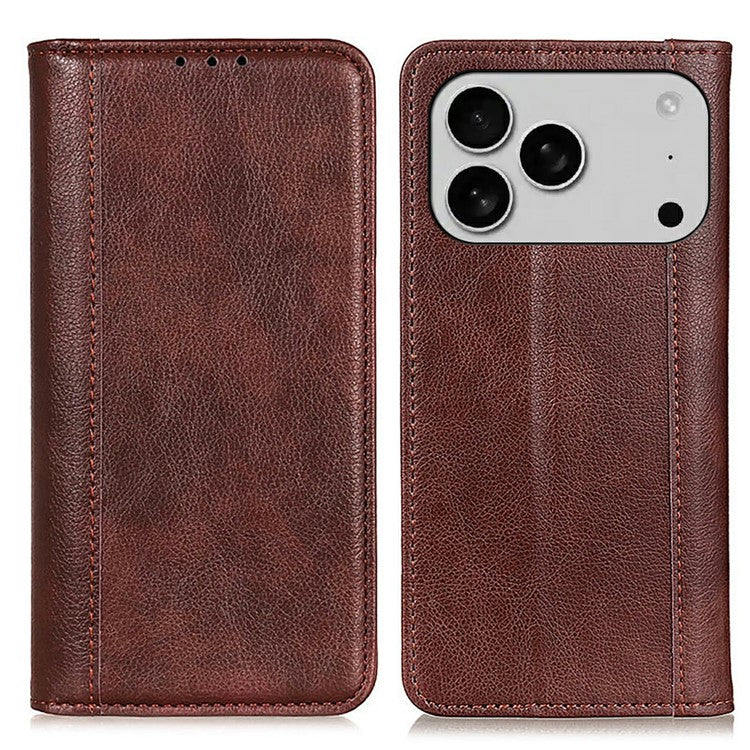 For iPhone 17 Pro Stand Case Split Leather Litchi Texture Wallet Phone Cover - Brown