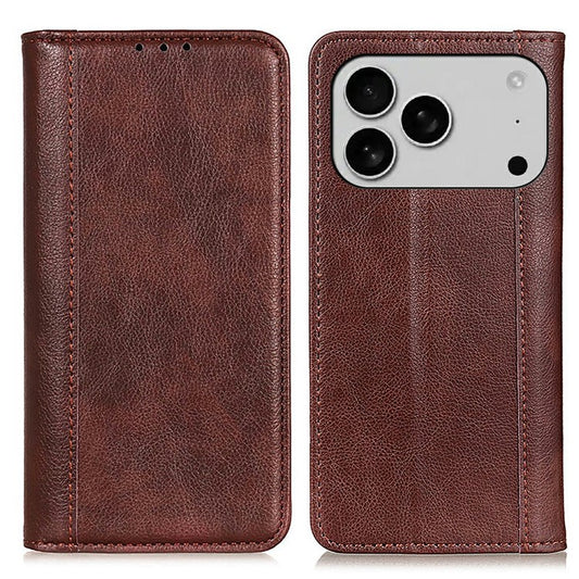 For iPhone 17 Pro Stand Case Split Leather Litchi Texture Wallet Phone Cover - Brown