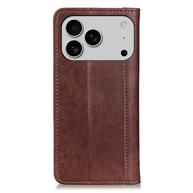 For iPhone 17 Pro Stand Case Split Leather Litchi Texture Wallet Phone Cover - Brown